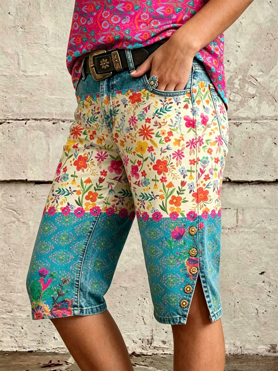 Retro Style Art Print Vintage Casual Denim Short